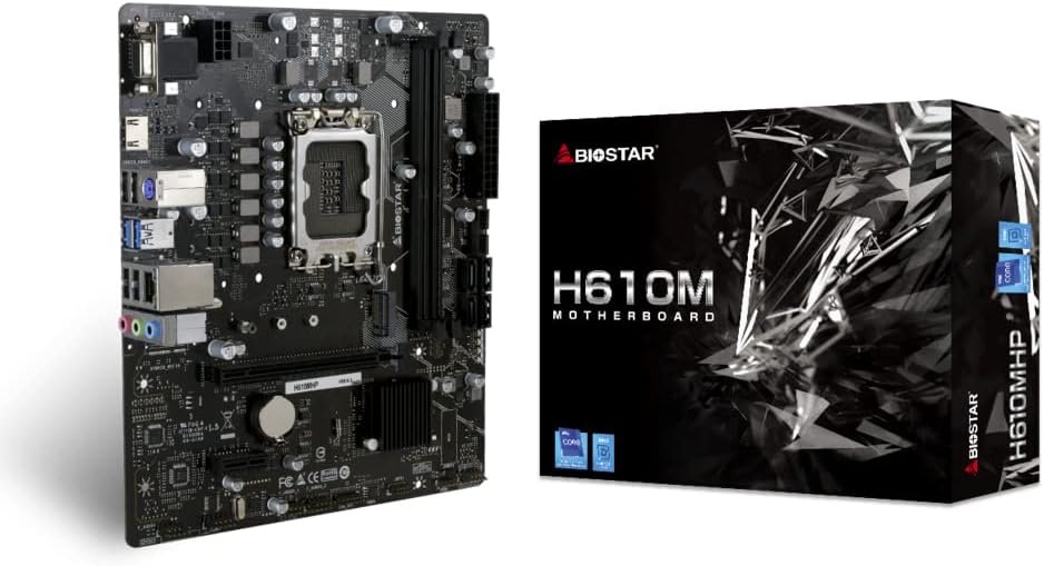 Biostar H610MHP MicroATX Motherboard - Socket 1700 2 x DDR4 DIMM Memory Slot, 1x M.2 socket and 4 x SATA III (6Gb/s) ports, 10/ 100/ 1000 Mb/s LAN, 7.1 Channels, High Definition Audio 1x PCIe 3.0 x1 Slot, 1x PCIe 4.0 x16 Slot, 1 x HDMI, 1 x VGA Port, 2 x USB 3.2 (Gen1) ports, 4 x USB 2.0 ports
