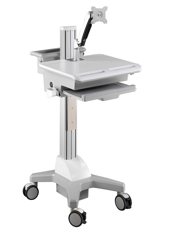 Aavara CNR01 mobile/medical workstation cart ( with display arm ) - 4 wheels with lock , support up to 24"/8KGs LED with 30 tilt + 360 rotation , 130+500mm height adjustable , with modularized PC holder/ scanner holder / keyboard+mousepad tray / storage space and device supporter , ExperTorque technology + smart cable management , VESA mounting : 100x100 / 75x75mm , support up to 52"/35Kg