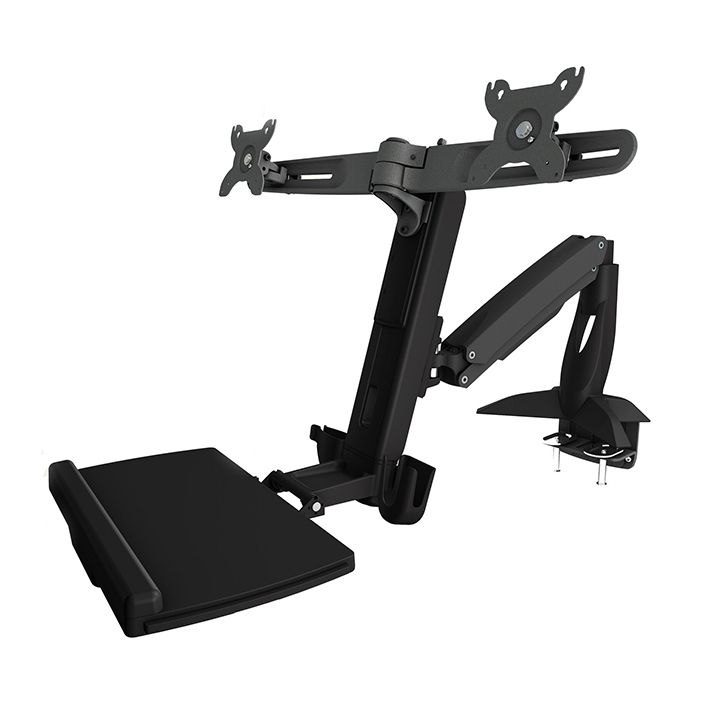 Aavara WS742 WorkStation Freestyle for 2x lcd + 1x keyboard/mouse tray - with 2 arms / 3 joints - clamp base - display: 40 ( -5~35 ) tilt angle adjustable , +/-90 swivel angle adjustable , 360 rotation pivot for landscape or portrait , 124mm height adjustable ; kb tray: 0~90 tilt angle adjustable + 436mm Arm/Keyboard tray height adjustment , support up to 2.5Kg ; with ExperTorque technology , smart cable management , aluminum alloy/Steel , VESA mounting : 100x100 / 75x75mm , support up to 2 x 24"/8Kg