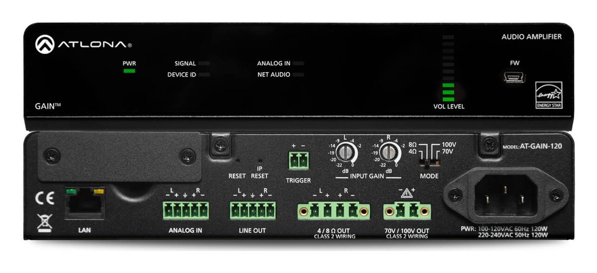 Atlona 120W Amplifier, 4/8 Ohm x2, 70V/100V x1