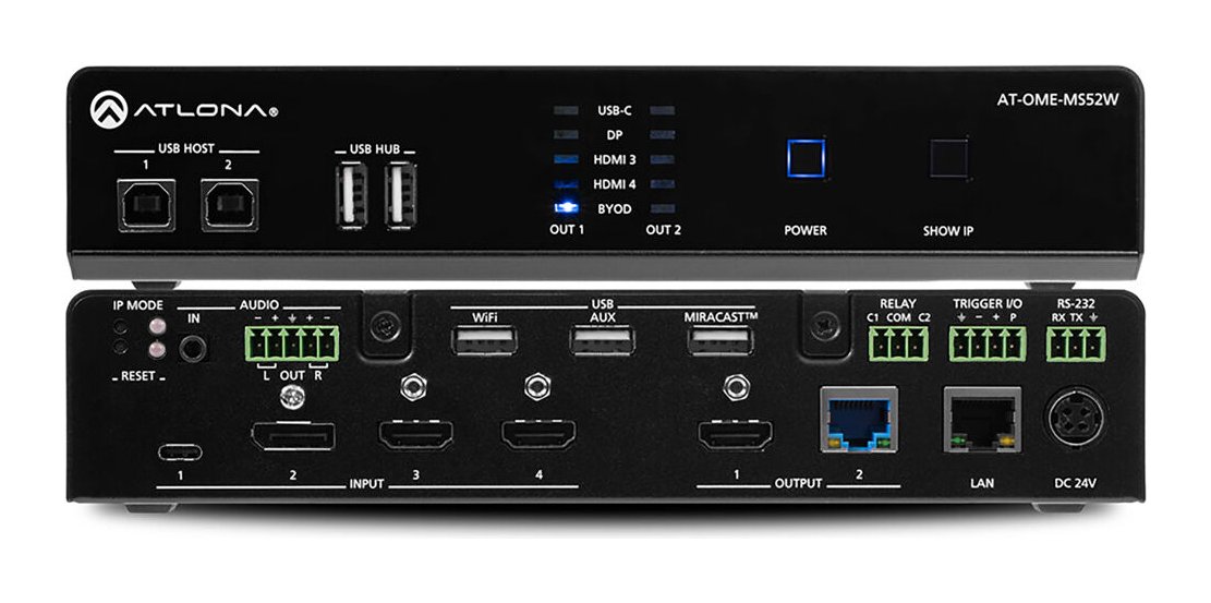 Atlona Omega 5x2 4K/UHD multiformat matrix switcher, with Wireless casting ,HDMI, USB-C, Display port, and USB pass through over HDBaseT for Europe