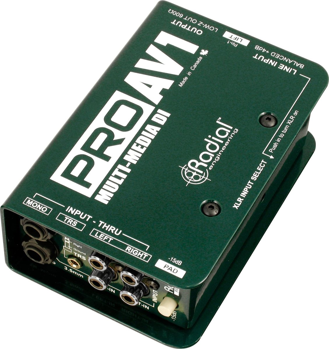 Radial Engineering Radial ProAV1 Passive DI for AV with stereo-to-mono mix, RCA, 35mm and XLR inputs