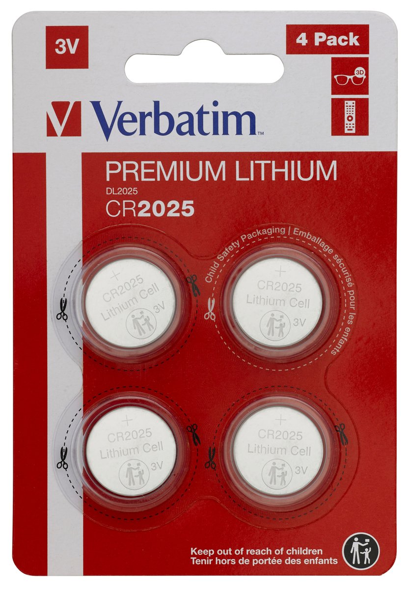 Verbatim Premium Cr2025 Lithium 3v Button Batteries - (4 Pack)
