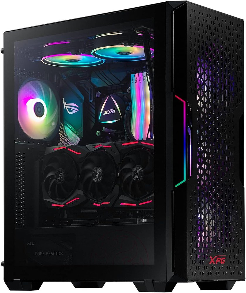 Adata / Xpg Starker Air blacK - with front LED controller , magnetic meshed front panel , vertical VGA mount bracket included , dual-chamber design - with 4mm tempered glass side panel , all steel exterior , dedicated chamber for psu + hdd bay , no psu ( bottom placed psu design ) , support upto 350mm graphics card , 3x radiator upto 360mm ; 2x usb3.0 + audio in/out - 3/2x 3.5" hidden + 2/3x 2.5" hidden - 1x 120mm + 1x 120mm ARGB fans upto 6 , with removable dust filter on rail - ATX