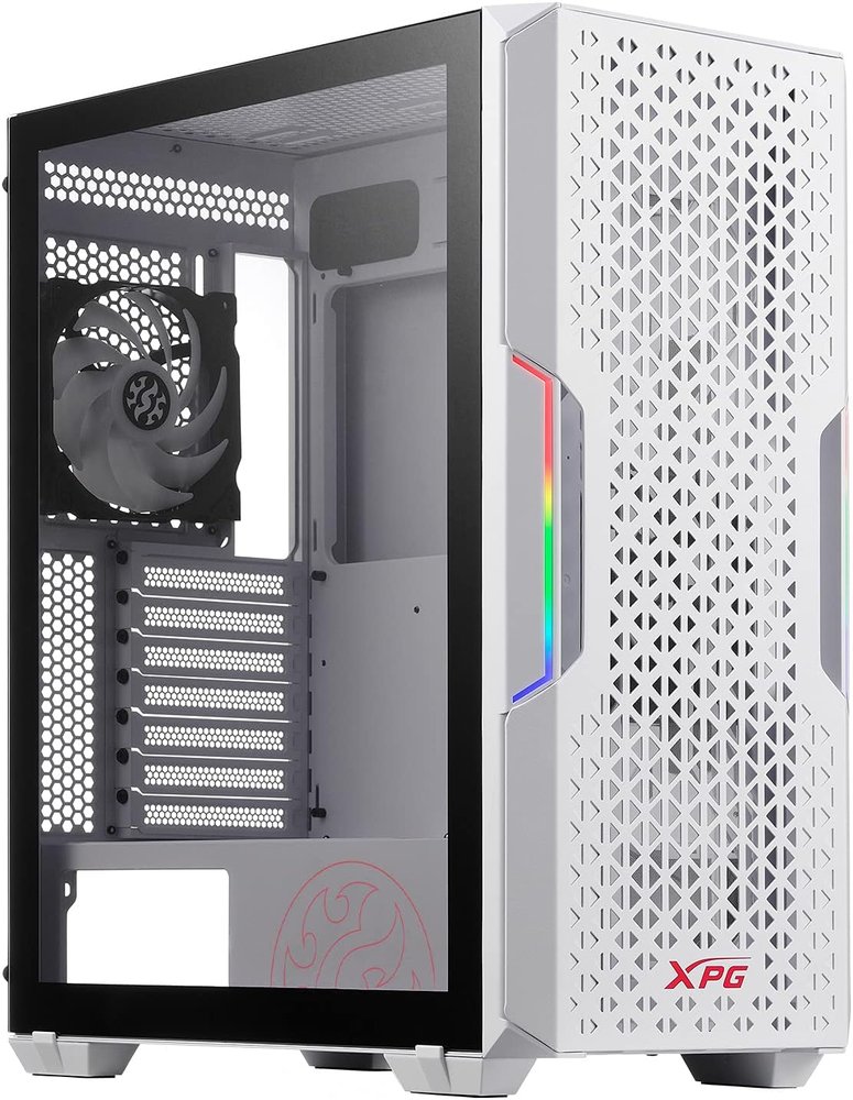 Adata / Xpg Starker Air White - with front LED controller , magnetic meshed front panel , vertical VGA mount bracket included , dual-chamber design - with 4mm tempered glass side panel , all steel exterior , dedicated chamber for psu + hdd bay , no psu ( bottom placed psu design ) , support upto 350mm graphics card , 3x radiator upto 360mm ; 2x usb3.0 + audio in/out - 3/2x 3.5" hidden + 2/3x 2.5" hidden - 1x 120mm + 1x 120mm ARGB fans upto 6 , with removable dust filter on rail - ATX