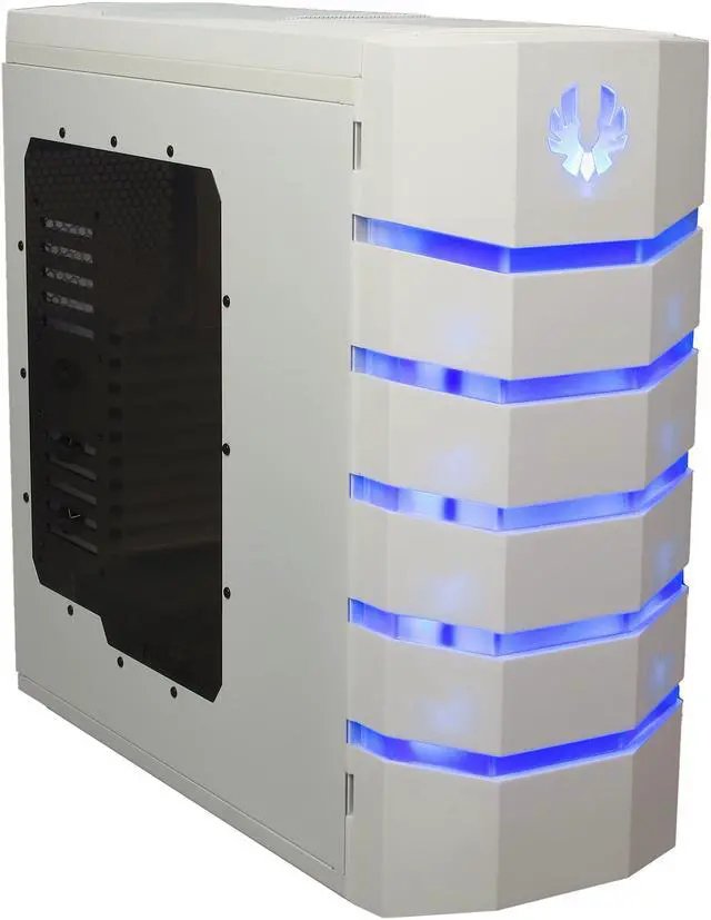 Bitfenix CLS-500-WWWB1 Colossus with Windowed side panel - White with bLue led - all white , with front door open to left or right , top S3 security with lock ( for storage compartment + i/o port + peripherals cable ) , SofTouch surface treatment , no psu ( bottom placed + multi-direction psu design ) , tool-free pci slots design ; 2x usb 3.0 + 2x usb2.0 + eSATA + audio in/out - 4/5x 5.25" , 1/0x 3.5" , 7x 3.5"/2.5" internal , all 3.5"+5.25" bay tool-free - 2 x 230mm LED fan upto 7 with on/off switch - E-ATX
