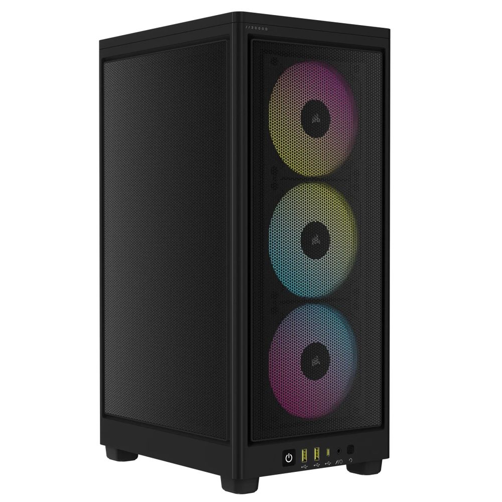 Corsair CC-9011246-WW carbide series 2000D Airflow Rgb - all blacK + 5x removable steel messhed panels - support , front+side+rear dust filters , dedicated chamber for psu + hdd bay , no psu ( SFX upto 130mm required , bottom placed psu design ) , support upto 365mm triple-slot graphics card , 2x radiators upto 360mm ; 1x usb3 type-C (gen2/10Gbps) + 2x usb3 type-A + audio in/out - 3x 2.5" hidden , 3x AF120mm RGB Slim fans upto 8 , with lighting node core - mini-iTX