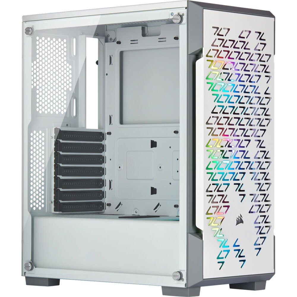 Corsair CC-9011174-WW graphite series 220T Rgb Airflow White - frameless tempered glass , steel grill front panel for high airflow , no psu , support upto 360mm radiator , support upto 300mm graphics card ; 2x usb 3.0 + audio in/out - 2x 3.5" + 2x2.5" hidden - Lighting Node CORE controls + 3x SP120 RGB fans ( 8x Leds per fan ) upto 6 with 3x dust filters - ATX