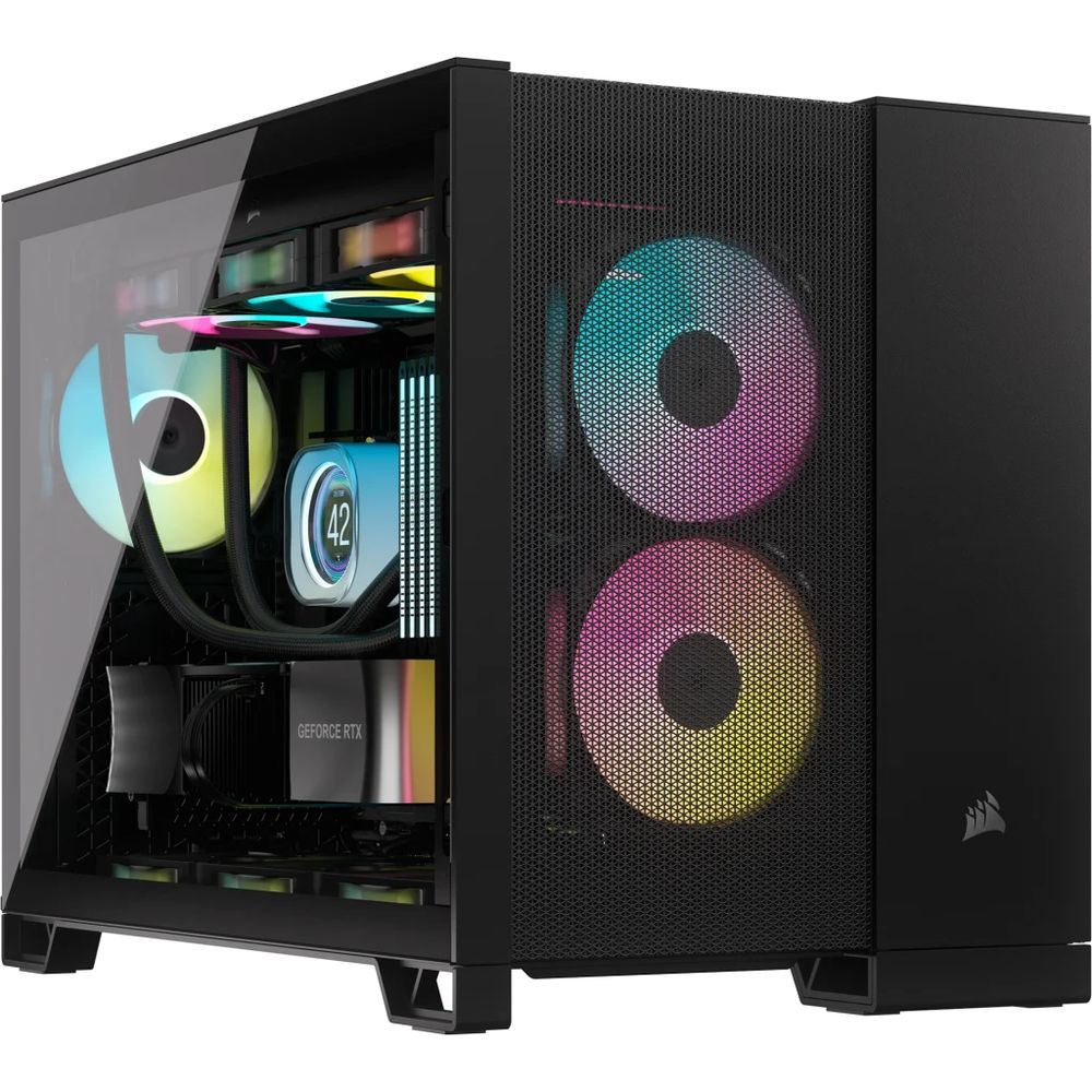 Corsair CC-9011263-WW 2500D Airflow - blacK + Tempered glass side panel - meshed front+side+top panel - with dual chamber design for psu + hdd + cables , support reverse connector motherboards , support 4x vertical GPU mounting ( via optional CC-8900706 mount kit + riser cable ) , no psu , support upto 400mm graphics card , 5x radiators upto 360mm ; 1x usb3 type-C + 2x usb 3.0 + audio in/out - 2x 3.5" hidden + 2x 2.5" hidden - upto 11 fans - micro-ATX