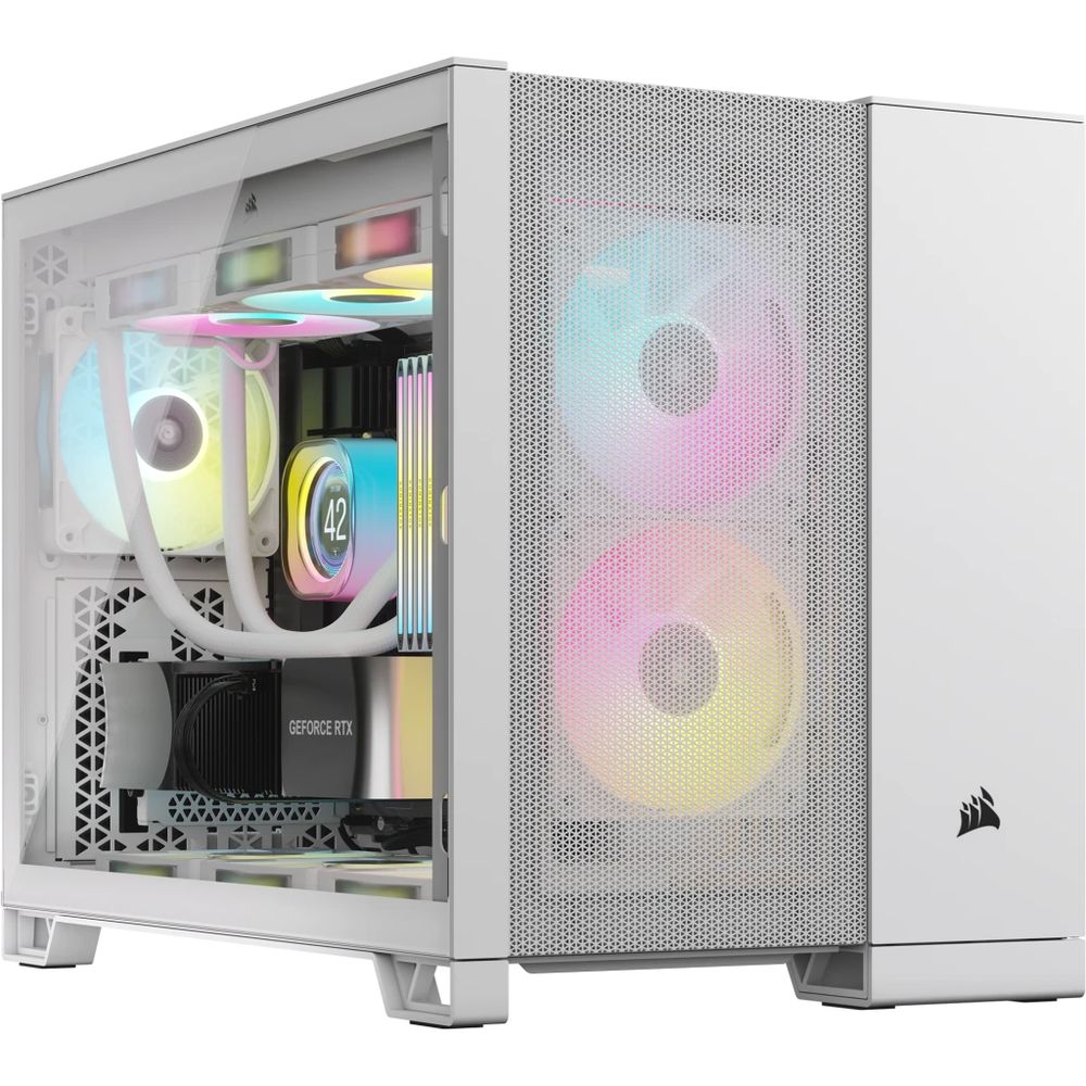 Corsair CC-9011264-WW 2500D Airflow - White + Tempered glass side panel - meshed front+side+top panel - with dual chamber design for psu + hdd + cables , support reverse connector motherboards , support 4x vertical GPU mounting ( via optional CC-8900707 mount kit + riser cable ) , no psu , support upto 400mm graphics card , 5x radiators upto 360mm ; 1x usb3 type-C + 2x usb 3.0 + audio in/out - 2x 3.5" hidden + 2x 2.5" hidden - upto 11 fans - micro-ATX