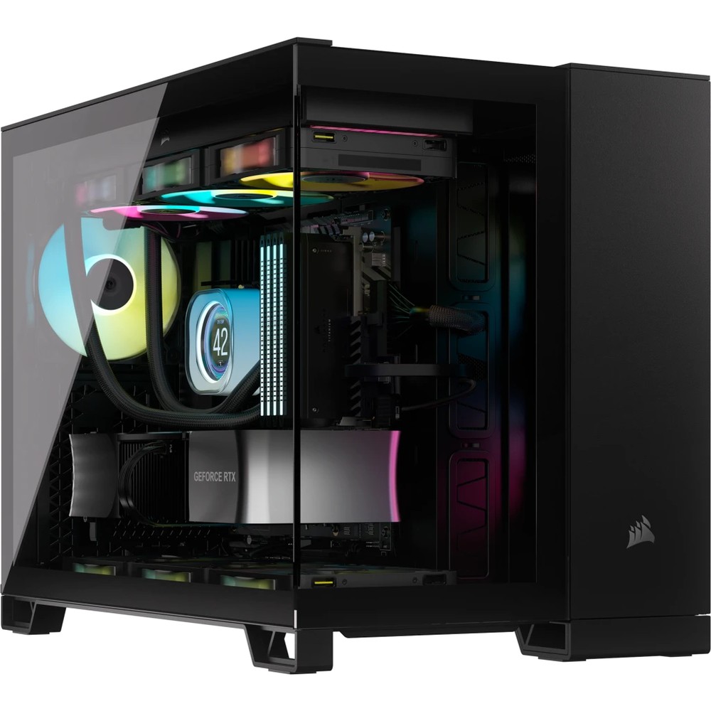 Corsair CC-9011265-WW 2500X - blacK + Tempered glass side + front panel - meshed side+top panel - with dual chamber design for psu + hdd + cables , support reverse connector motherboards , support 4x vertical GPU mounting ( via optional CC-8900706 mount kit + riser cable ) , no psu , support upto 400mm graphics card , 4x radiators upto 360mm ; 1x usb3 type-C + 2x usb 3.0 + audio in/out - 2x 3.5" hidden + 2x 2.5" hidden - upto 9 fans - micro-ATX