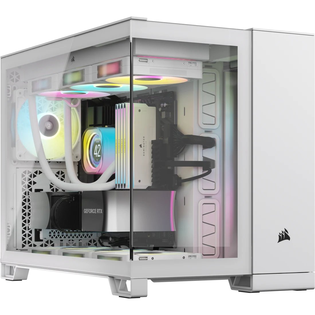 Corsair CC-9011268-WW 2500X RGB - White + Tempered glass side + front panel - meshed side+top panel - with dual chamber design for psu + hdd + cables , support reverse connector motherboards , support 4x vertical GPU mounting ( via optional CC-8900707 mount kit + riser cable ) , no psu , support upto 400mm graphics card , 4x radiators upto 360mm ; 1x usb3 type-C + 2x usb 3.0 + audio in/out - 2x 3.5" hidden + 2x 2.5" hidden - ICUE Link System Hub + 2x RX120 Elite RGB fans upto 9 - micro-ATX