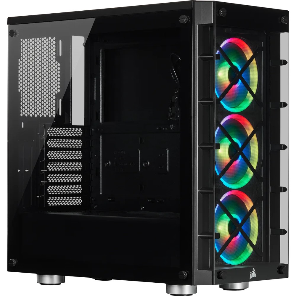 Corsair CC-9011188-WW crystal series 465X RGB all blacK - support 2x vertical VGA mounting , with iCUE Lighting Node RGB lighting controller , dual-chamber design - with 2x 4mm tempered glass panels ( front+side ), front+top+bottom full-sized dust filters , all steel exterior , dedicated chamber for psu + hdd bay , no psu ( bottom placed psu design ) , support upto 370mm graphics card , 3x radiator upto 360mm ; 2x usb 3.0 + audio in/out - 2x 3.5" hidden + 4x 2.5" hidden - 3x LL120 RGB LED fan ( 16x RGB LEDs per fan in 2 separate light loops ) upto 6 - ATX