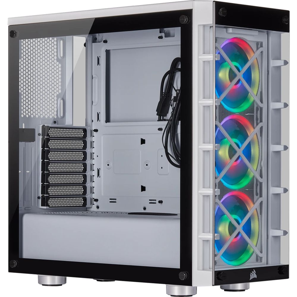 Corsair CC-9011189-WW crystal series 465X RGB all White - support 2x vertical VGA mounting , with iCUE Lighting Node RGB lighting controller , dual-chamber design - with 2x 4mm tempered glass panels ( front+side ), front+top+bottom full-sized dust filters , all steel exterior , dedicated chamber for psu + hdd bay , no psu ( bottom placed psu design ) , support upto 370mm graphics card , 3x radiator upto 360mm ; 2x usb 3.0 + audio in/out - 2x 3.5" hidden + 4x 2.5" hidden - 3x LL120 RGB LED fan ( 16x RGB LEDs per fan in 2 separate light loops ) upto 6 - ATX