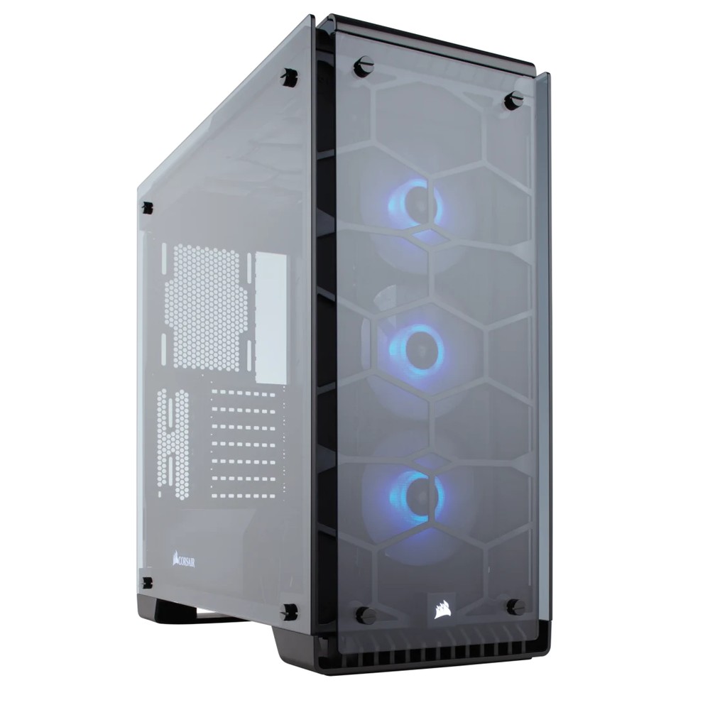 Corsair CC-9011098-WW crystal series 570X-RGB with 3-button RGB LED Controller - all blacK - dual-chamber design - with 4x tempered glass panels ( front+top+sides ) , front+top+bottom full-sized dust filters , all steel exterior , dedicated chamber for psu + hdd bay , no psu ( bottom placed psu design ) , support upto 370mm graphics card , 3x radiator upto 360mm ; 2x usb 3.0 + audio in/out - 2x 3.5" hidden + 2x 2.5" hidden - 3x SP120 RGB LED fans upto 6 ( top+front removable fan trays ) - ATX