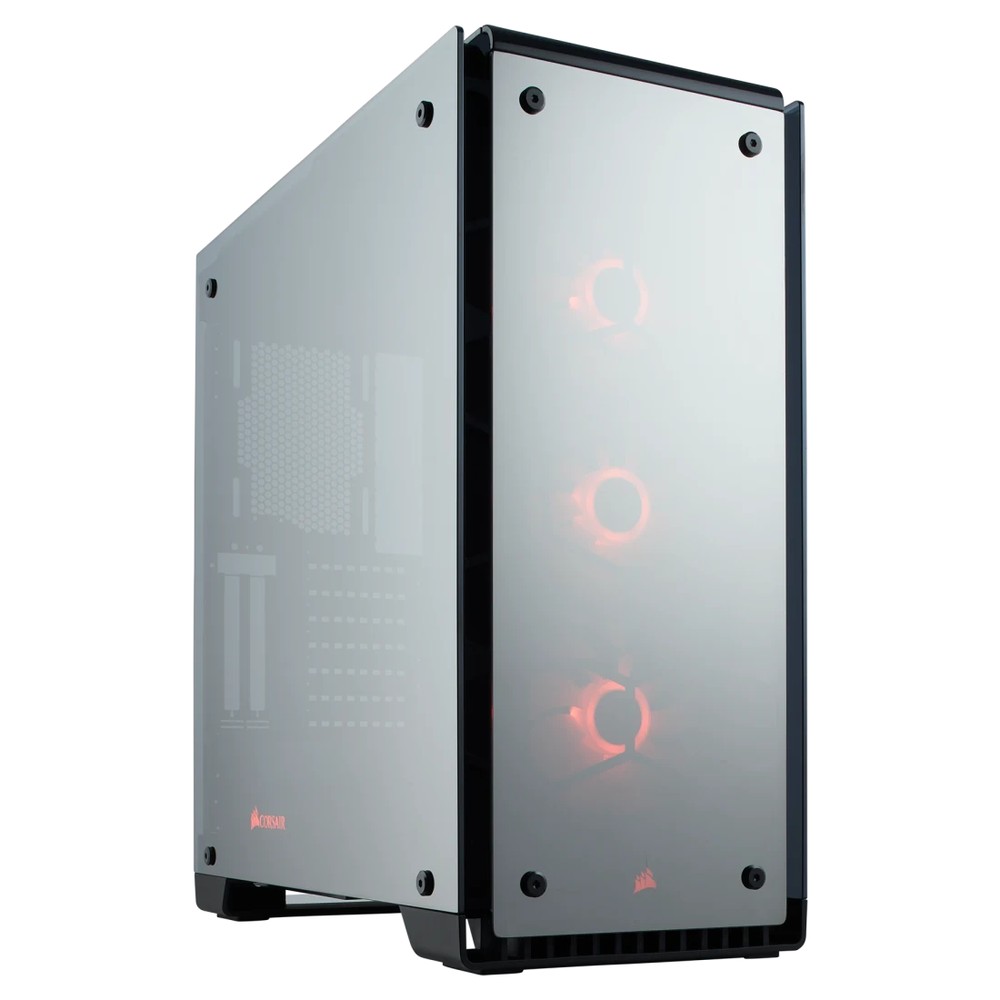 Corsair CC-9011126-WW crystal series 570X-RGB with 3-button RGB LED Controller - blacK - dual-chamber design - with 4x Mirrored tempered glass panels ( front+top+sides ) + RGB backlit Case Lighting: + built-in vertical graphics card mounting ( require PCI-E riser cable ) , front+top+bottom full-sized dust filters , all steel exterior , dedicated chamber for psu + hdd bay , no psu ( bottom placed psu design ) , support upto 370mm graphics card , 3x radiator upto 360mm ; 1x usb 3.1 type-C + 2x usb 3.0 + audio in/out - 2x 3.5" hidden + 2x 2.5" hidden - 3x SP120 RGB LED fans upto 6 ( top+front removable fan trays ) - ATX