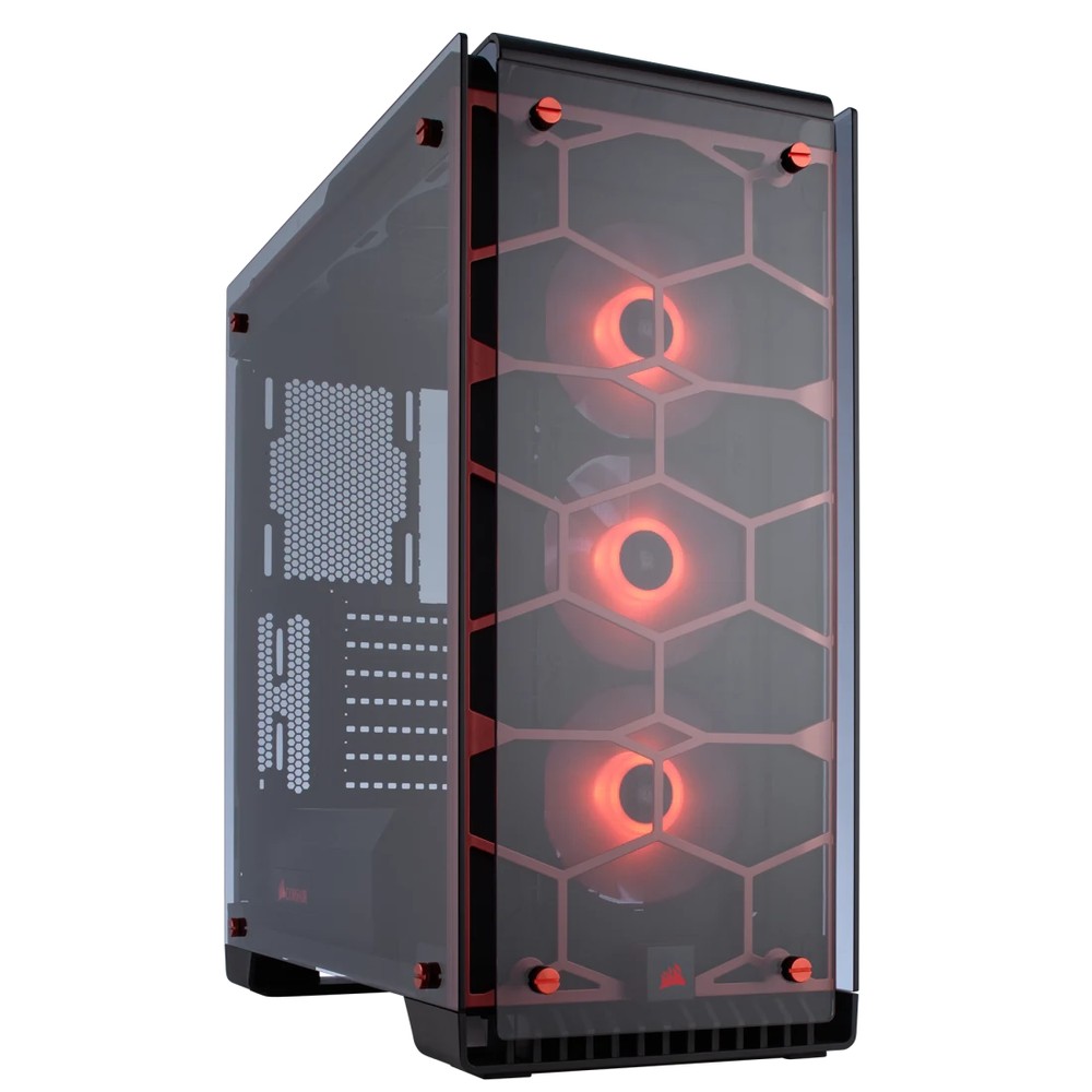 Corsair CC-9011111-WW crystal series 570X with RED color scheme -RGB with 3-button RGB LED Controller - all blacK - dual-chamber design - with 4x tempered glass panels ( front+top+sides ) , front+top+bottom full-sized dust filters , all steel exterior , dedicated chamber for psu + hdd bay , no psu ( bottom placed psu design ) , support upto 370mm graphics card , 3x radiator upto 360mm ; 2x usb 3.0 + audio in/out - 2x 3.5" hidden + 2x 2.5" hidden - 3x SP120 RGB LED fans upto 6 ( top+front removable fan trays ) - ATX