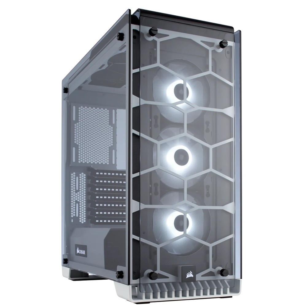 Corsair CC-9011110-WW crystal series 570X with White color scheme -RGB with 3-button RGB LED Controller - all blacK - dual-chamber design - with 4x tempered glass panels ( front+top+sides ) , front+top+bottom full-sized dust filters , all steel exterior , dedicated chamber for psu + hdd bay , no psu ( bottom placed psu design ) , support upto 370mm graphics card , 3x radiator upto 360mm ; 2x usb 3.0 + audio in/out - 2x 3.5" hidden + 2x 2.5" hidden - 3x SP120 RGB LED fans upto 6 ( top+front removable fan trays ) - ATX