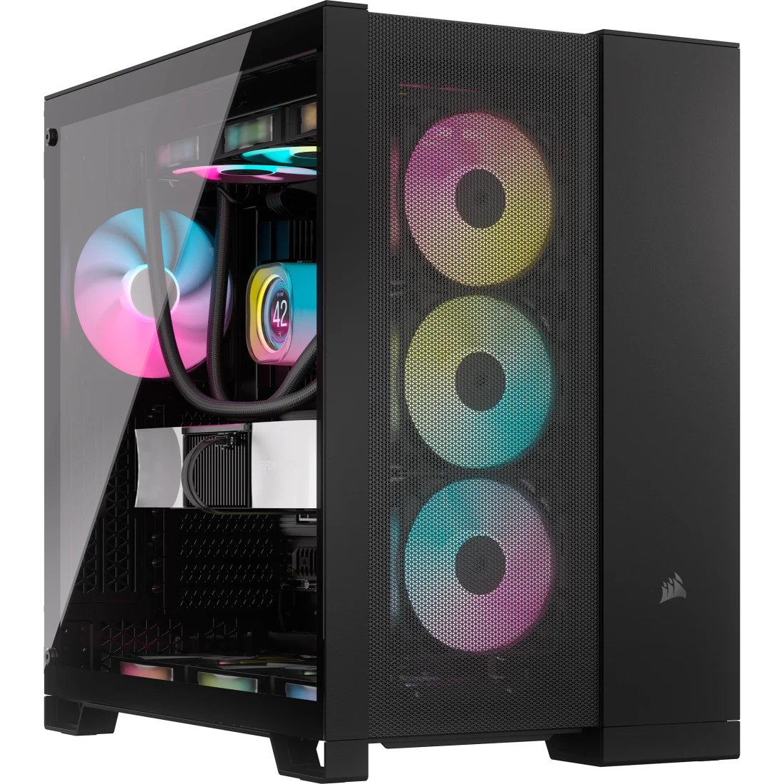 Corsair CC-9011259-WW 6500D Airflow - blacK + Tempered glass side panel - meshed front+side+top panel - with dual chamber design for psu + hdd + cables , support reverse connector motherboards , support 4x vertical GPU mounting ( via optional CC-8900717 mount kit + riser cable ) , no psu , support upto 400mm graphics card , 5x radiators upto 360mm ; 1x usb3 type-C + 4x usb 3.0 + audio in/out - 2x 3.5" hidden + 2x 2.5" hidden - upto 13 fans - ATX