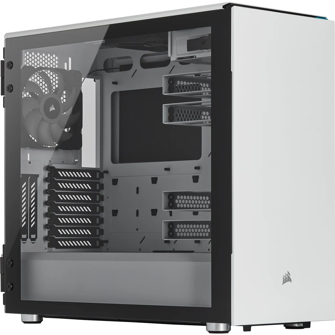 Corsair CC-9011170-WW carbide series 678C - Tempered Glass , White - with noise damping side/top/front panels + fan-speed controller , support 2x vertical GPU mount , no psu , support 3x radiators upto 360mm , support upto 370mm graphics card ; 1x usb3 type-C + 2x usb 3.0 + audio in/out - 2x 3.5" + 2x2.5" hidden - 2xSP140 PWM fans upto 9 - E-ATX
