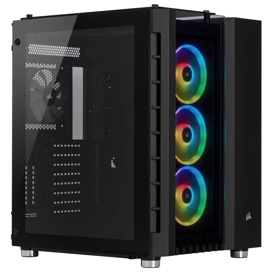 Corsair CC-9011168-WW crystal series 680X RGB Tempered Glass blacK - front+sidel+top triple tempered glass , support 2x vertical GPU mount ( cc-8900243 - 300mm PCi-E 3.0 16x extension cable required ) , dual-chamber design , front+top+bottom full-sized dust filters , all steel exterior , dedicated chamber for psu + hdd bay , no psu , support upto 330mm graphics card , 4x radiators upto 360mm ; 2x usb 3.0 + audio in/out - 3x 3.5" hidden + 4x 2.5" hidden - 3x LL120 RGB fan ( 16x RGB LEDs per fan in 2 separate light loops ) upto 8 - E-ATX