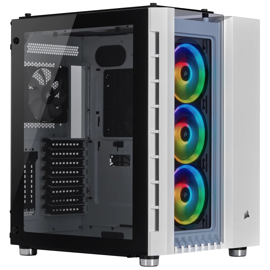 Corsair CC-9011169-WW crystal series 680X RGB Tempered Glass White - front+sidel+top triple tempered glass , support 2x vertical GPU mount ( cc-8900243 - 300mm PCi-E 3.0 16x extension cable required ) , dual-chamber design , front+top+bottom full-sized dust filters , all steel exterior , dedicated chamber for psu + hdd bay , no psu , support upto 330mm graphics card , 4x radiators upto 360mm ; 2x usb 3.0 + audio in/out - 3x 3.5" hidden + 4x 2.5" hidden - 3x LL120 RGB fan ( 16x RGB LEDs per fan in 2 separate light loops ) upto 8 - E-ATX