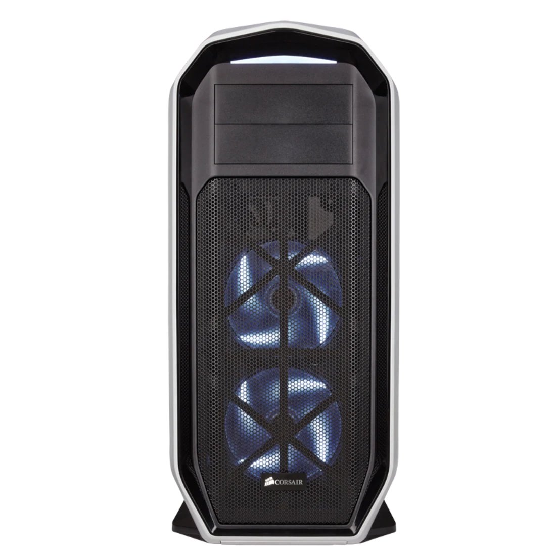 Corsair CC-9011059 graphite 780T - White + blacK with rounded corner + latched windowed side panel + white led + 3-speed fan controller , support upto 2x 360mm radiator , support 355mm long card , no psu ( bottom placed psu design ) , 2x USB3.0 + 2x USB2.0 + audio in/out - 2x 5.25" , 3x 2.5" , 6x 3.5"/2.5" hidden in 2x modular drive cage - 2x 140mm white led fan + 1x 140mm upto 9 with 3-speed fan speed controller - XL-ATX