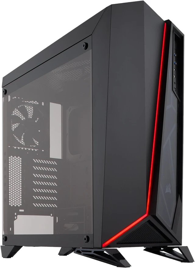 Corsair CC-9011121-WW carbide series spec Omega windowed ( tempered glass front + side panel ) Black+Red - no psu , support upto 360mm radiator , support upto 370mm graphics card ; 2x usb 3.0 + audio in/out - 2x 3.5" + 3x2.5" hidden - with red LED light strip + 1x120mm red-led +1x120mm fan upto 6 - ATX