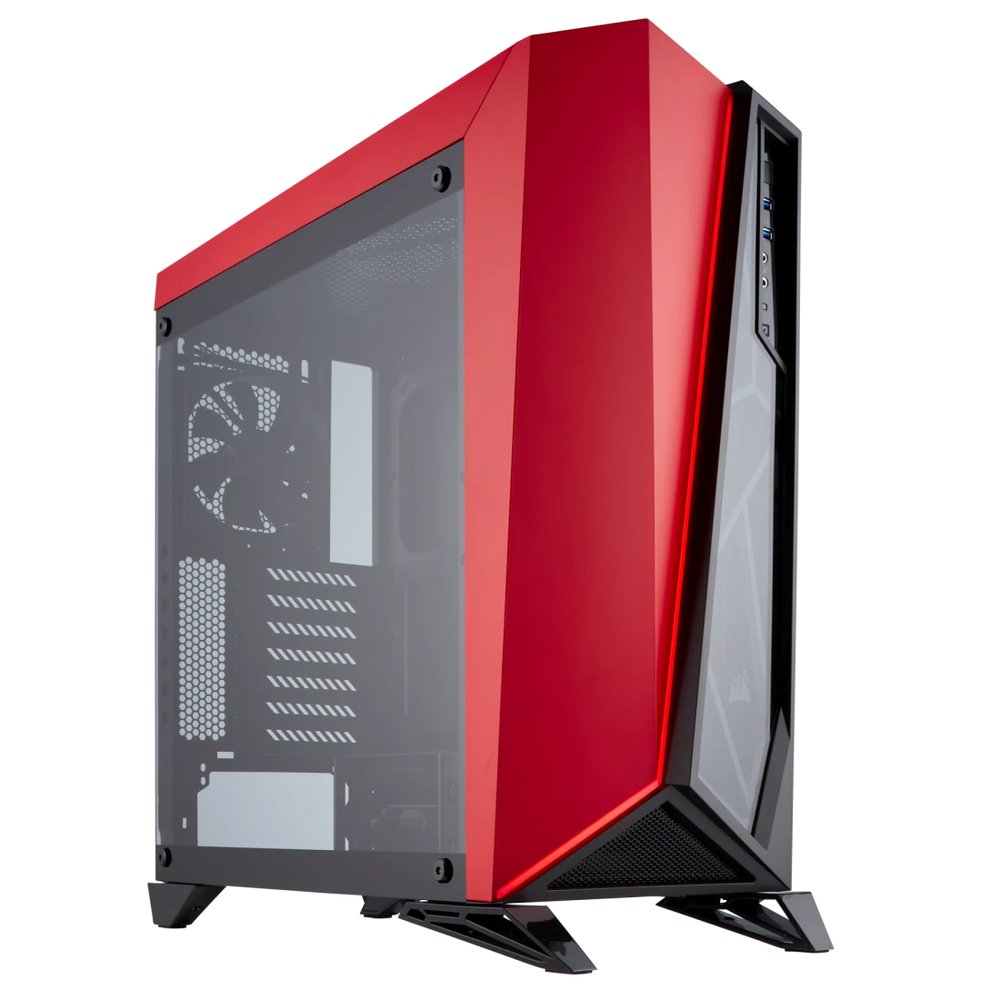 Corsair CC-9011120-WW carbide series spec Omega windowed ( tempered glass front + side panel ) Red+Black - no psu , support upto 360mm radiator , support upto 370mm graphics card ; 2x usb 3.0 + audio in/out - 2x 3.5" + 3x2.5" hidden - with red LED light strip + 1x120mm red-led +1x120mm fan upto 6 - ATX