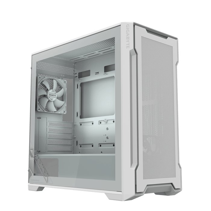 Gigabyte C102G - 4mm tempered Glass - White , detachable magnetic front panel + dedicated chamber for psu + hdd bay , no psu ( bottom placed psu design ) , support upto 4x radiators ( 360/280/240/140/120mm ) , support upto 410mm graphics card ; 2x usb 3.0 + audio in/out - 1/0x 3.5" + 2/3x 2.5" hidden - 2x 120mm fan upto 9 with 3x detachable dust filters ( bottom+top+side ) - micro-ATX