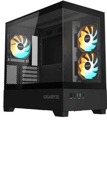 Gigabyte C201P - 3mm 270 Panoramic tempered glass side + front panel with anti-dropping design - black , vertical airflow design , tool-free modular design , intergrated RGB Fusion 2.0 with LED switch button , no psu ( bottom placed psu with shroud ) , support upto 3x radiators (360/280/240/140/120mm ) , support upto 410mm graphics card ; 2x usb 3.0 + audio in/out - 1/0x 3.5" + 1/3x 2.5" hidden - 3x 120mm ARGB fan upto 9 with 3x detachable dust filters ( bottom+top+right ) - micro-ATX