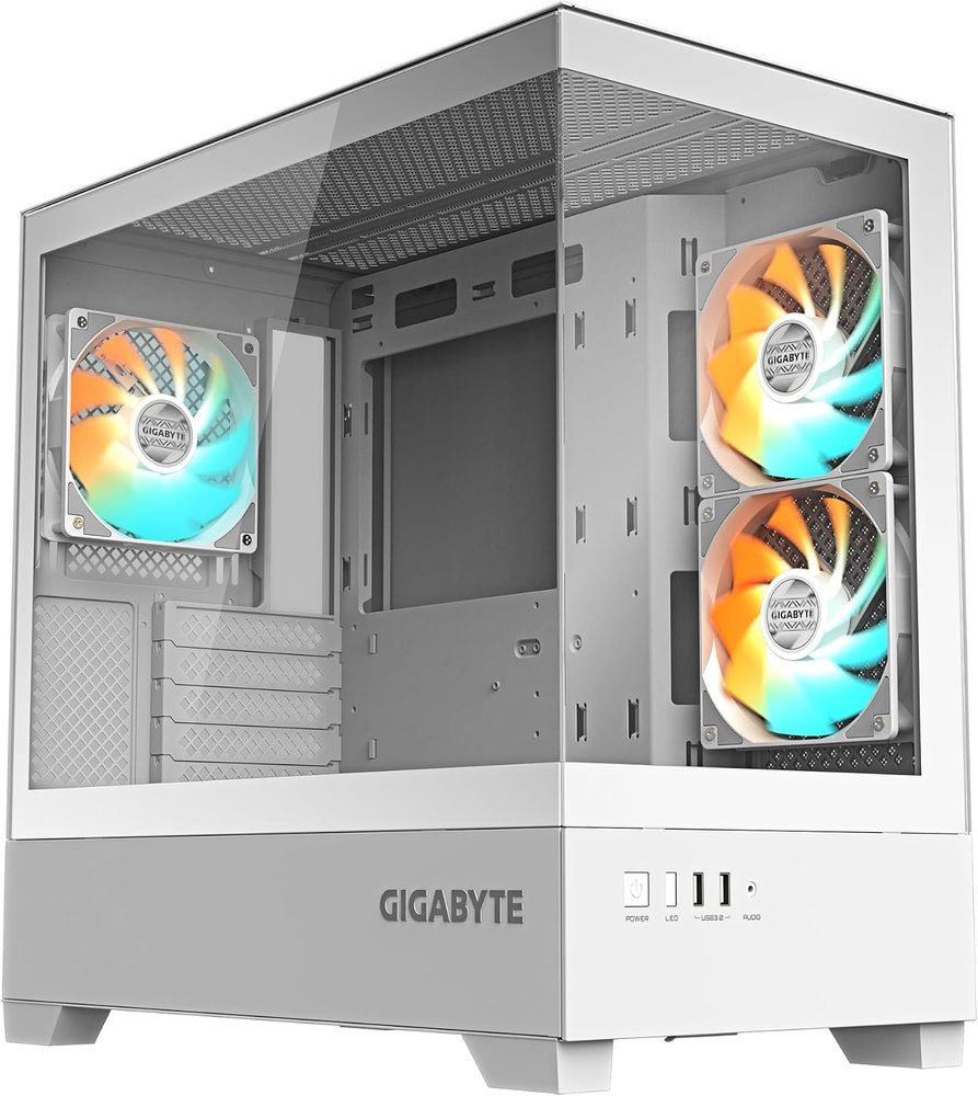 Gigabyte C201P - White , 3mm 270 Panoramic tempered glass side + front panel with anti-dropping design - black , vertical airflow design , tool-free modular design , intergrated RGB Fusion 2.0 with LED switch button , no psu ( bottom placed psu with shroud ) , support upto 3x radiators (360/280/240/140/120mm ) , support upto 410mm graphics card ; 2x usb 3.0 + audio in/out - 1/0x 3.5" + 1/3x 2.5" hidden - 3x 120mm ARGB fan upto 9 with 3x detachable dust filters ( bottom+top+right ) - micro-ATX
