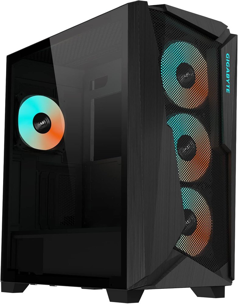 Gigabyte C301G - 4mm tempered Glass - black , support vertical graphics card mount ( riser kit required ) , intergrated RGB Fusion 2.0 , built-in ARGB and PWM connector 6 ports hub with LED switch button , dedicated chamber for psu + hdd bay , no psu ( bottom placed psu design ) , support upto 3x radiators (360/280/240/140/120mm ) , support upto 400mm graphics card ; 1x usb3 type-C ( Gen2 10GBPs ) + 2x usb 3.0 + audio in/out - 2/0x 3.5" + 2/4x 2.5" hidden - 4x 120mm ARGB fan upto 7 with 2x detachable dust filters ( bottom+top ) - E-ATX