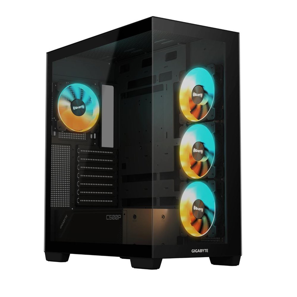 Gigabyte C500P - 4mm 270 Panoramic tempered glass side + front panel with anti-dropping design - black , vertical airflow design , tool-free modular design , support upto 5 slots vertical graphics cards mount ( riser kit required ) , intergrated RGB Fusion 2.0 , built-in ARGB and PWM connector 5 port hub , no psu ( bottom placed psu design ) , support upto 3x radiators (360/280/140/120mm ) , support upto 410mm graphics card ; 1x usb3 type-C ( Gen2 10GBPs ) + 2x usb 3.0 + audio in/out - 2/0x 3.5" + 1/3x 2.5" hidden - 4x 120mm ARGB fan upto 10 with 3x detachable dust filters ( bottom+top+right ) - ATX