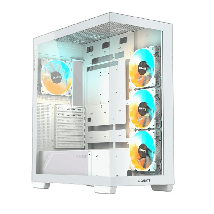 Gigabyte C500P - 4mm 270 Panoramic tempered glass side + front panel with anti-dropping design - White , vertical airflow design , tool-free modular design , support upto 5 slots vertical graphics cards mount ( riser kit required ) , intergrated RGB Fusion 2.0 , built-in ARGB and PWM connector 5 port hub , no psu ( bottom placed psu design ) , support upto 3x radiators (360/280/140/120mm ) , support upto 410mm graphics card ; 1x usb3 type-C ( Gen2 10GBPs ) + 2x usb 3.0 + audio in/out - 2/0x 3.5" + 1/3x 2.5" hidden - 4x 120mm ARGB fan upto 10 with 3x detachable dust filters ( bottom+top+right ) - ATX
