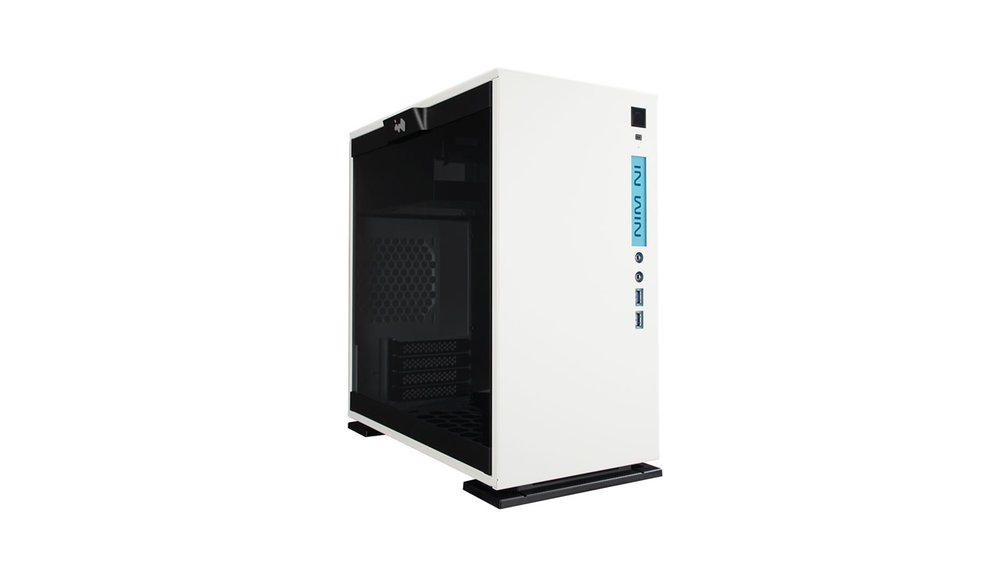 In-Win 301 mini tower chassis - White with tool-less full-sized tempered glass side panel , neon LED logo+i/o panel on fronto panel , 1.2mm SECC , no psu ( front-top positioned ) , dual chamber design for heat separation , support upto 330mm long card with VGA holder , bottom dust filter ; 2x front usb3.0 + audio in/out - 1/0x 3.5" + 2/3x 2.5" - upto 5x fans , support upto 2x radiators - micro-ATX