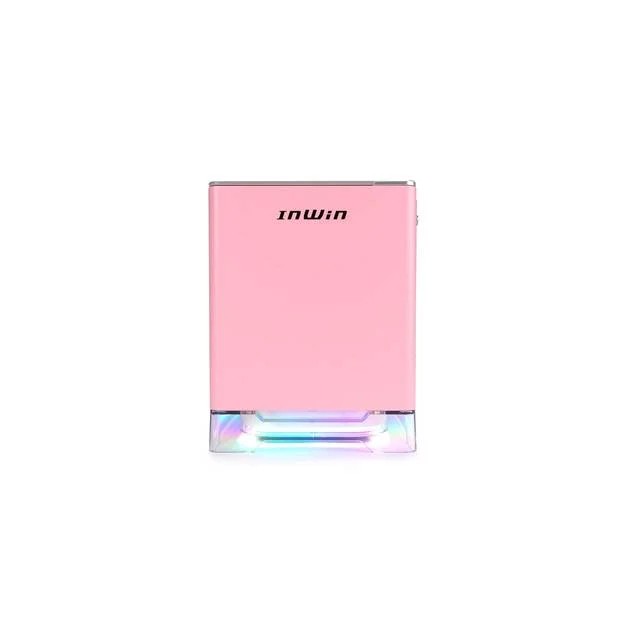 In-Win A1 Plus Pink mini-itx gaming chassis + 650W 80 plus gold psu , aRGB lighting fan+stand , built-in Qi wireless charger on top panel for mobile or mouse , windowed side panel , brushed-hairline aluminium , support upto 320mm long card ; 2x front usb3.0 + audio in/out - 2x 2.5" , 2x Sirius Loop ASL120 RGB fan upto 4 - mini-itx with 2x expansion slots