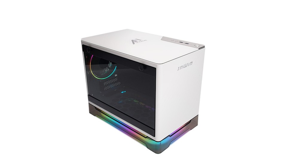 In-Win A1 Prime White mini-itx gaming chassis + 750W 80 plus gold psu , aRGB lighting fan+stand , windowed side panel , brushed-hairline aluminium , support upto 320mm long card ; 2x front usb3.0 + audio in/out - 2x 2.5" , 2x Sirius Loop ASL120 RGB fan upto 4 - mini-itx with 2x expansion slots