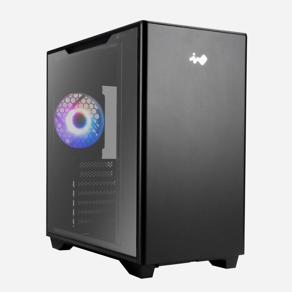 In-Win A5 midi tower chassis - blacK with tool-less full-sized tempered glass side panel , Vertical Airflow Layout , 1.2mm SECC , no psu ( front-top positioned ) , dual chamber design for heat separation , support upto 340mm long card with VGA holder , bottom dust filter ; 1x type-C Gen2x2 ( 20Gbps ) , 2x front usb3 + audio in/out - 2/0x 3.5" + 0/4x 2.5" - 1x AM120S slim ARGB fan upto 5x fans , support upto 240mm radiator - E-ATX