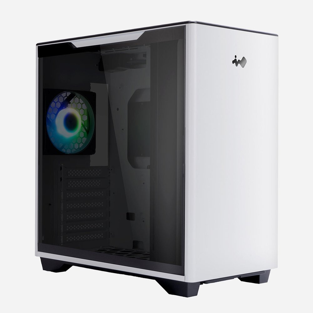 In-Win A5 midi tower chassis - White with tool-less full-sized tempered glass side panel , Vertical Airflow Layout , 1.2mm SECC , no psu ( front-top positioned ) , dual chamber design for heat separation , support upto 340mm long card with VGA holder , bottom dust filter ; 1x type-C Gen2x2 ( 20Gbps ) , 2x front usb3 + audio in/out - 2/0x 3.5" + 0/4x 2.5" - 1x AM120S slim ARGB fan upto 5x fans , support upto 240mm radiator - E-ATX