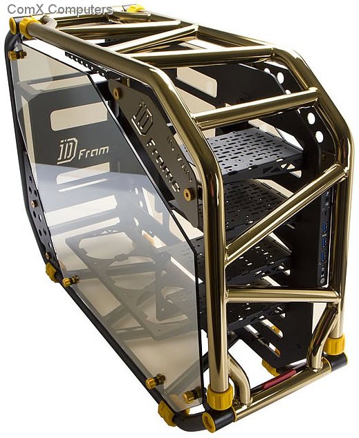 In-Win ca03 D-Frame 2.0 black+Yellow/gold ( 500pcs limited edition with exclusive serial number ) - open frame chassis with gold plated steel tubing + 2x sided tempered glass- bundled In Win S3-1065W full-modular transparent PSU with 65w emit outputs ( for lighting + cooling + USB charging when PC is off ) , 165mm silent fan- TiG (Tungsten Inert Gas) welding tubing , two-way open design with quick release fasteners , anti-flip foot pads , support upto 415mm long card , 90degree reversed motherboard tray ; 1x front usb3.1 type C + 3x usb3.0 + audio in/out - 4x multifunction hdd bracket for 3.5" or 2.5" ( position adjustable ) - upto 5x 120mm fans with modular brackets , support upto 2 x 360mm radiators - E-ATX with 8x expansion slots