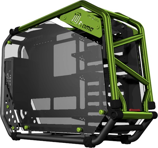 In-Win ca03 D-Frame 2.0 2.0 black+Green - open frame chassis with gold plated steel tubing + 2x sided tempered glass- bundled In Win S3-1065W full-modular transparent PSU with 65w emit outputs ( for lighting + cooling + USB charging when PC is off ) , 165mm silent fan- TIG (Tungsten Inert Gas) welding tubing , two-way open design with quick release fasteners , anti-flip foot pads , support upto 415mm long card , 90degree reversed motherboard tray ; 1x front usb3.1 type C + 3x usb3.0 + audio in/out - 4x multifunction hdd bracket for 3.5" or 2.5" ( position adjustable ) - upto 5x 120mm fans with modular brackets , support upto 2 x 360mm radiators - E-ATX with 8x expansion slots