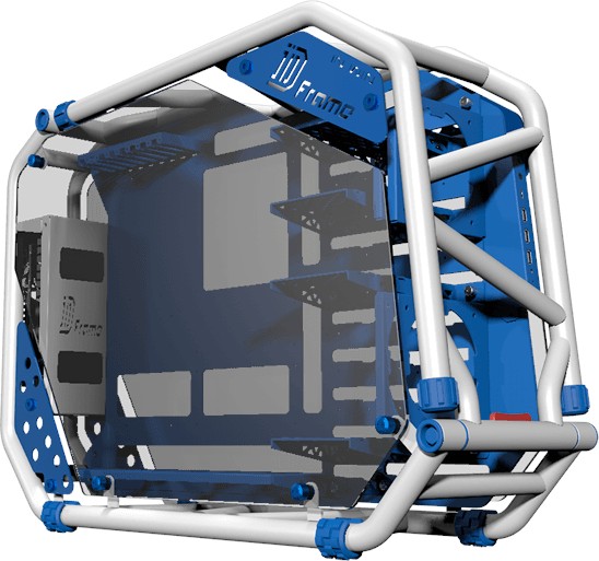 In-Win ca03 D-Frame 2.0 White+blue - open frame chassis with gold plated steel tubing + 2x sided tempered glass- bundled In Win S3-1065W full-modular transparent PSU with 65w emit outputs ( for lighting + cooling + USB charging when PC is off ) , 165mm silent fan- TIG (Tungsten Inert Gas) welding tubing , two-way open design with quick release fasteners , anti-flip foot pads , support upto 415mm long card , 90degree reversed motherboard tray ; 1x front usb3.1 type C + 3x usb3.0 + audio in/out - 4x multifunction hdd bracket for 3.5" or 2.5" ( position adjustable ) - upto 5x 120mm fans with modular brackets , support upto 2 x 360mm radiators - E-ATX with 8x expansion slots