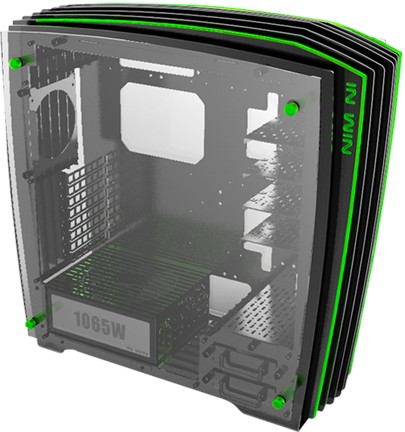 In-Win ca02 H-Frame 2.0 black+Green - open frame chassis with black luminium frames + 2x sided tempered glass , 6-modes LED lighting with brightness adjust buttons on front panel- bundled In Win S2-1065W full-modular transparent PSU with 65w emit outputs ( for lighting + cooling + USB charging when PCis off ) , 165mm silent fan- TIG (Tungsten Inert Gas) welding tubing , two-way open design with quick release fasteners , anti-flip foot pads , support upto 440mm long card , 90degree reversed motherboard tray ; 1x front usb3.1 type C + 3x usb3.0 + audio in/out - 2x external accessed hot swap HDD brackets + 4x multifunction hdd bracket for 3.5" or 2.5" ( position adjustable ) - upto 4x 120mm fans , support upto 360mm radiators - E-ATX with 8x expansion slots