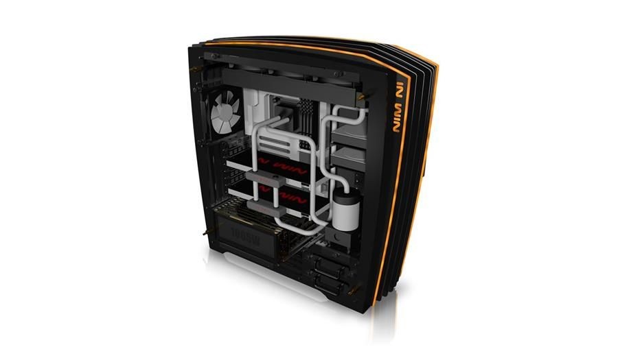 In-Win ca02 H-Frame 2.0 black+Yellow/gold ( 500pcs limited edition with exclusive serial number ) - open frame chassis with black luminium frames + 2x sided tempered glass , 6-modes LED lighting with brightness adjust buttons on front panel- bundled In Win S2-1065W full-modular transparent PSU with 65w emit outputs ( for lighting + cooling + USB charging when PC is off ) , 165mm silent fan- TIG (Tungsten Inert Gas) welding tubing , two-way open design with quick release fasteners , anti-flip foot pads , support upto 440mm long card , 90degree reversed motherboard tray ; 1x front usb3.1 type C + 3x usb3.0 + audio in/out - 2x external accessed hot swap HDD brackets + 4x multifunction hdd bracket for 3.5" or 2.5" ( position adjustable ) - upto 4x 120mm fans , support upto 360mm radiators - E-ATX with 8x expansion slots