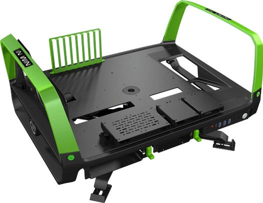 In-Win X-Frame 2.0 blacK + Green - test bench / open air with dual orientation (desktop / tower) + detachable stand with 360 degree free rotation- bundled In Win S1-1065W full-modular transparent PSU + aluminium crimson green top cover with 65w emit outputs ( for lighting + cooling + USB charging when PC is off ) , 165mm silent fan - 8mm thick aluminium carry handles , slide out screw storage block for easy access to screws ; 1x front usb3.1 type C + 3x usb3.0 + audio in/out - 1x multifunction bracket for 2.5" or pump or reservior , 1x 5.25" + 3x 3.5" or 7x 2.5" - up to 3x 120mm fans , support u to 360mm radiators - E-ATX with 8x expansions slots