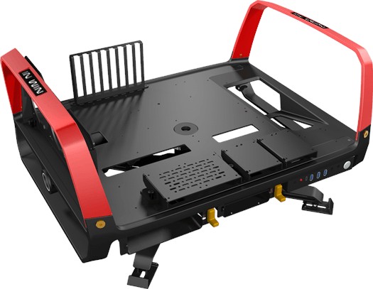 In-Win X-Frame 2.0 blacK + Red - test bench / open air with dual orientation (desktop / tower) + detachable stand with 360 degree free rotation- bundled In Win S1-1065W full-modular transparent PSU + aluminium crimson red top cover with 65w emit outputs ( for lighting + cooling + USB charging when PC is off ) , 165mm silent fan - 8mm thick aluminium carry handles , slide out screw storage block for easy access to screws ; 1x front usb3.1 type C + 3x usb3.0 + audio in/out - 1x multifunction bracket for 2.5" or pump or reservior , 1x 5.25" + 3x 3.5" or 7x 2.5" - up to 3x 120mm fans , support u to 360mm radiators - E-ATX with 8x expansions slots