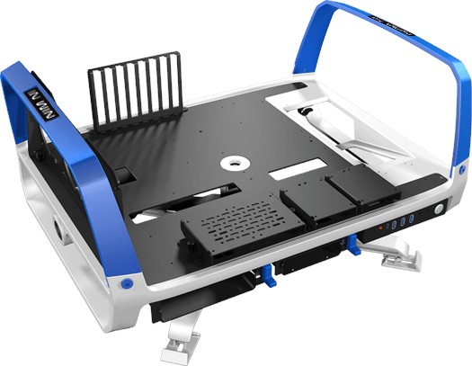 In-Win X-Frame 2.0 White + bLue - test bench / open air with dual orientation (desktop / tower) + detachable stand with 360 degree free rotation- bundled In Win S1-1065W full-modular transparent PSU + aluminium crimson blue top cover with 65w emit outputs ( for lighting + cooling + USB charging when PC is off ) , 165mm silent fan - 8mm thick aluminium carry handles , slide out screw storage block for easy access to screws ; 1x front usb3.1 type C + 3x usb3.0 + audio in/out - 1x multifunction bracket for 2.5" or pump or reservior , 1x 5.25" + 3x 3.5" or 7x 2.5" - up to 3x 120mm fans , support u to 360mm radiators - E-ATX with 8x expansions slots