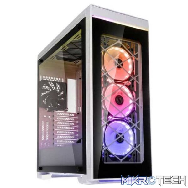 Lian-li pc-A550 Alpha550 , all White , RGB ready ( 3xfan+LED strip with 21 buttons remote control ) , 4x tempered glasses with vertical GPU mounting ready , no psu ( bottom placed design ) , support for 400mm very long cards , made in Taiwan , hairline brush anodized aluminum ; 1x usb3.1 type-C + 2x usb3.0 + audio in/out , 5x 2.5" + 2x 3.5" hidden ( tool-free anti-vibration removable - side accessed ) - with fan mount rack for 3x140mm fan or 360mm radiator , 4x120mm fan upto 7 , full size magnetic dust filters on top/front + slide out dust filter at bottom - atx