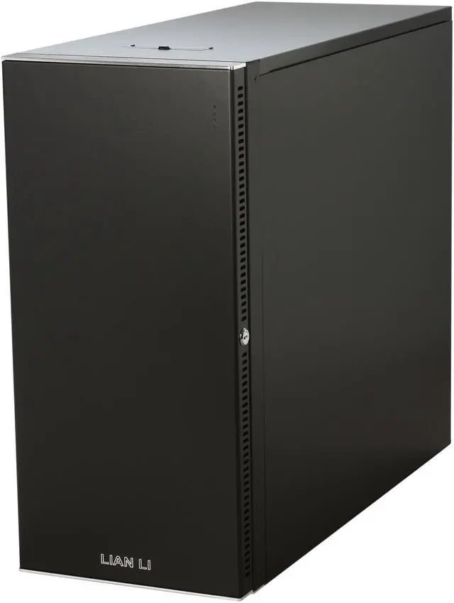 Lian-li pc-B10 , midi tower , Black , No psu ( bottom placed design ) , lockable front door , noise reduction foam on panels ; tool-less pci/pci-e mounting module , made in Taiwan , hairline brush anodized aluminum , removable motherboard tray , removable front panel with jointer ; 2x front usb + audio in/out - tool-free 5x 5.25" , 4x 3.5" hidden ( anti-vibration removable drive cage - side accessed ) - 2x120mm+ 1x140mm fan with washable filter upto 4 - atx